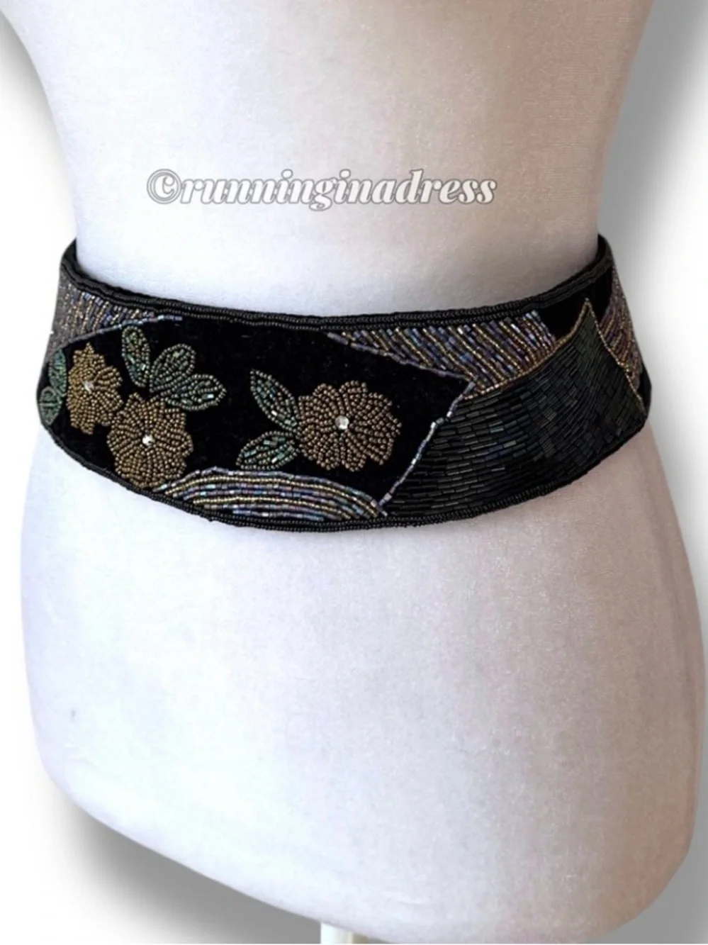 Vintage 80s Art Deco Beaded Velvet Cummerbund Belt Iridescent Floral Black S